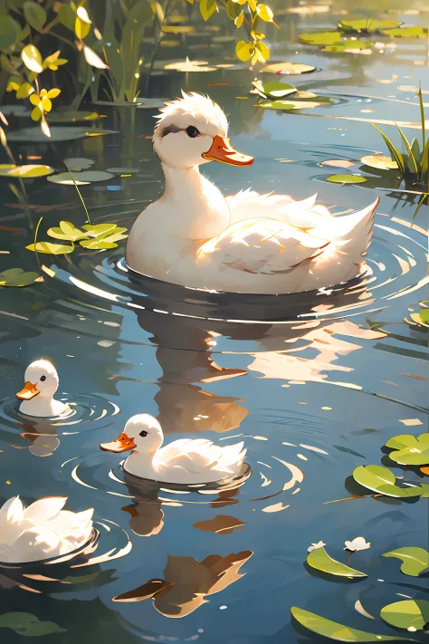 (masterpiece:1.2), best quality,pixiv,duck, reflection,reflective water