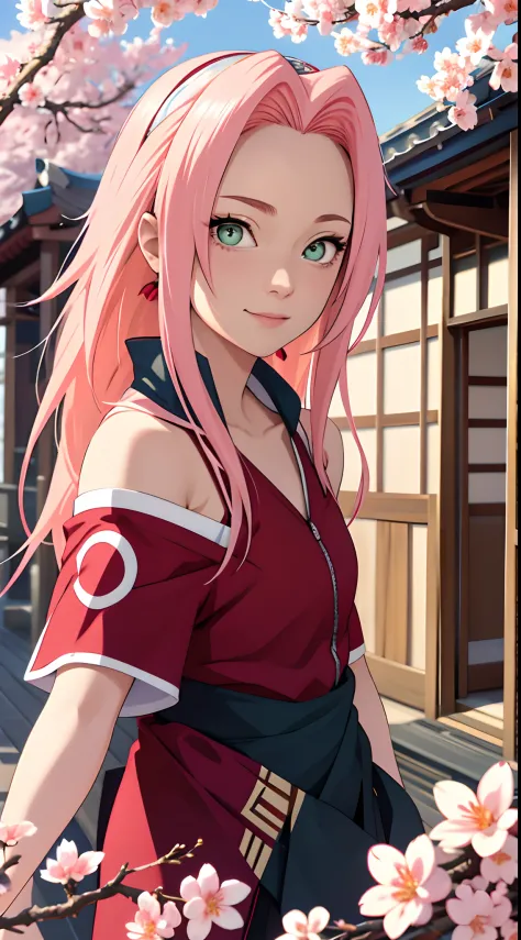 tmasterpiece， Best quality at best， 1girll， Sakura Haruno，Off-the-shoulder attire，（Close-up of the upper body)，Raised sexy，is shy，ssmile，with pink hair， long whitr hair，Wearing a ninja suit， （Green eyeballs:1.4)， Forehead protection，printed，japanese temple...