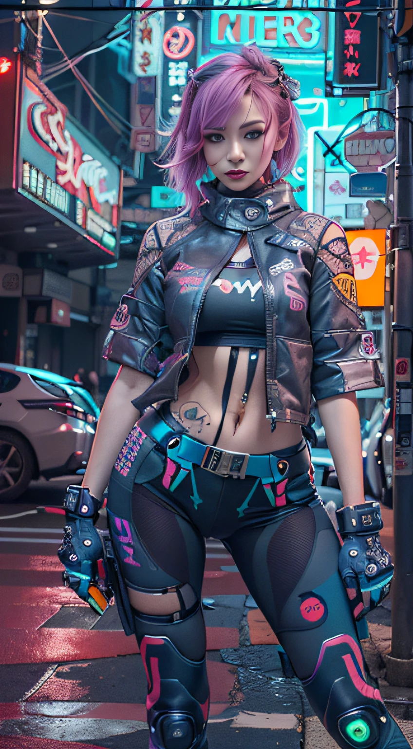 Obra de arte, melhor qualidade, Garota cyberpunk confiante, tiro de corpo inteiro, ((Fique na frente da motocicleta)), Trajes populares no estilo Harajuku, cores e padrões ousados, acessórios atraentes, penteado moderno e inovador, maquiagem vibrante, A deslumbrante paisagem urbana do Cyberpunk, arranha-céu, Placas de neon, Luzes LED, esquema de cores brilhantes e vívidas, anime peito grande, ilustração, textura detalhada da pele, textura detalhada de pano, lindo rosto detalhado, Detalhes intrincados, ultra detalhado.