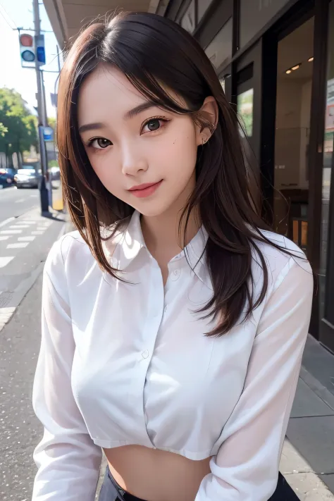 RAW photos, camera gaze, ((top quality, 8k, masterpiece: 1.3)), sharp focus: 1.2, (1girl) ,white shirt, pretty features, best smile, cute smile, beautiful woman in perfect style: 1.4, slender abs: 1.2, dark brown hair, (natural light, city street: 1.1), hi...