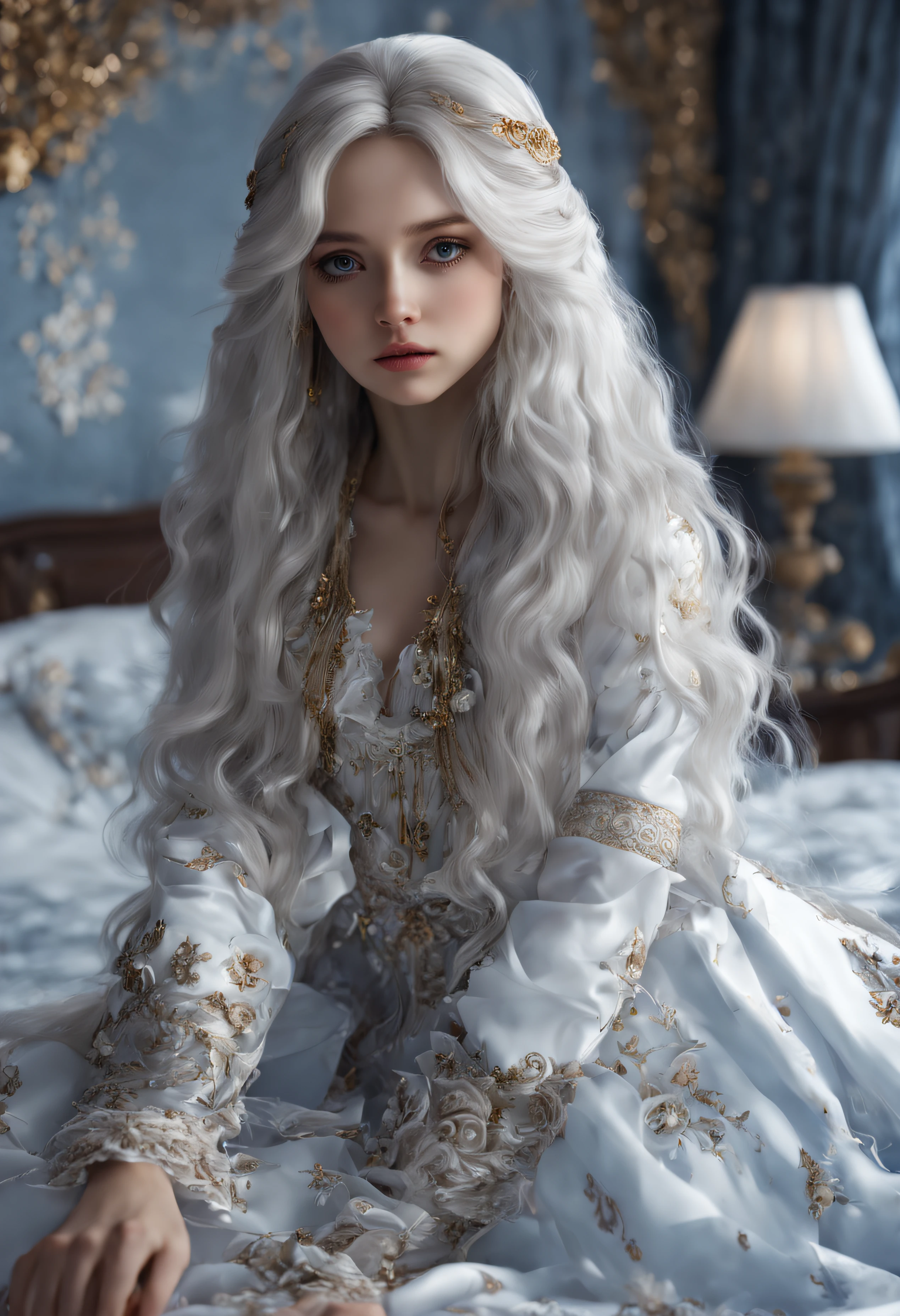 Long-haired realistic girl sitting on bed, front view, wearing beautiful clothes, seductive Russian girl, white-haired deity, exquisite details, loli in dress, realistic 4k.