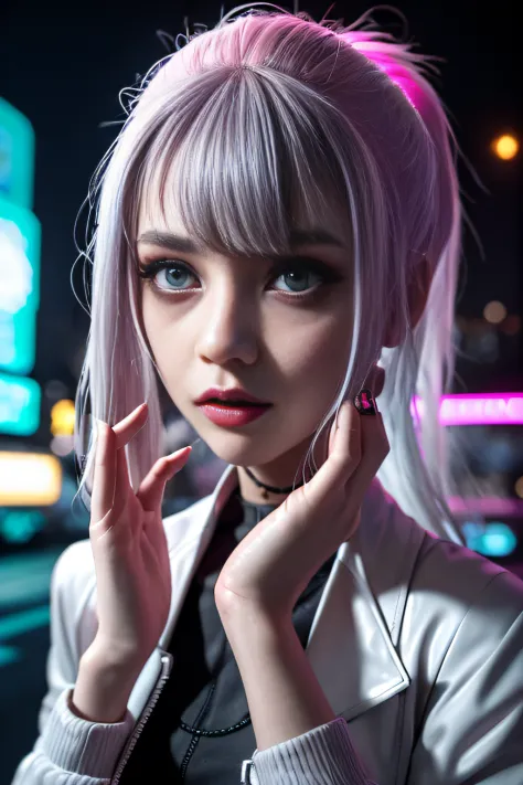 lucy \(cyberpunk\), 1girl,  hair scrunchie, hime cut, silver hair, colored tips, full moon, grey eyes, jacket, long sleeves, loo...