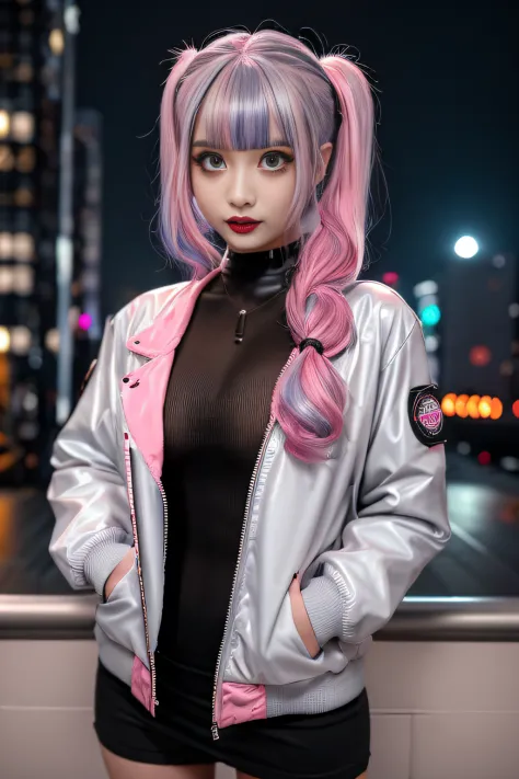 lucy \(cyberpunk\), 1girl,  hair scrunchie, hime cut, silver hair, colored tips, full moon, grey eyes, jacket, long sleeves, loo...