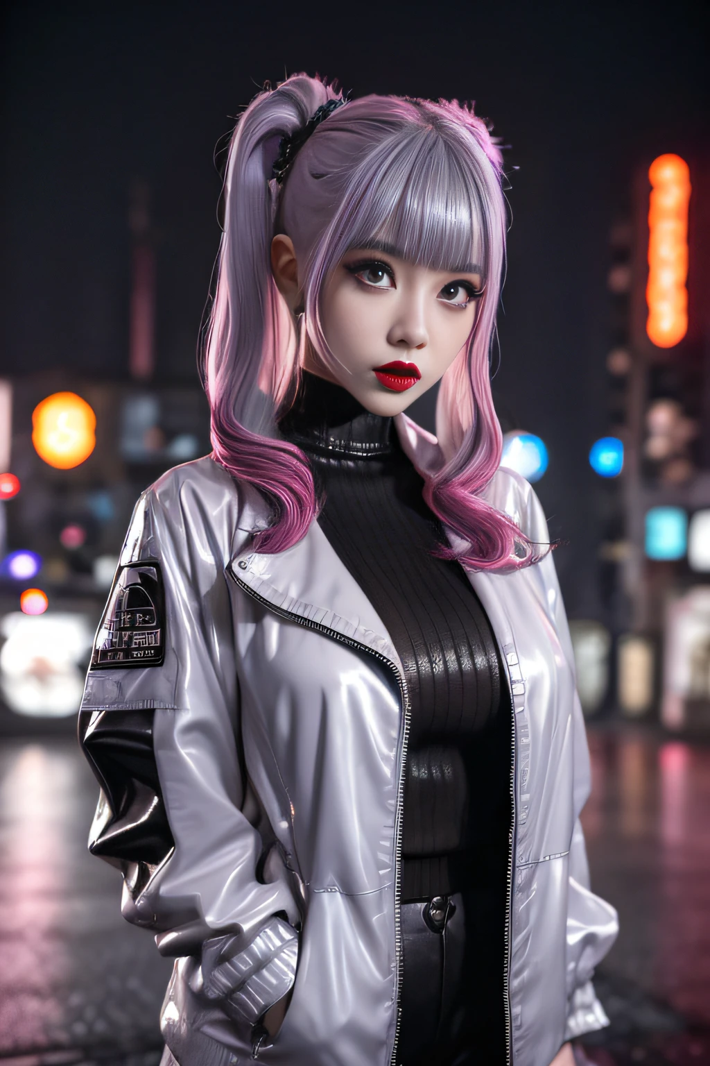 lucy \(cyberpunk\), 1girl,  hair scrunchie, hime cut, silver hair, colored tips, full moon, grey eyes, jacket, long sleeves, looking at viewer, medium hair, multicolored hair, parted bangs, parted lips, pink hair, portrait, red eyeliner, red lips, solo, white jacket, cyberpunk \(series\), rainy night in a cyberpunk city with glowing neon lights