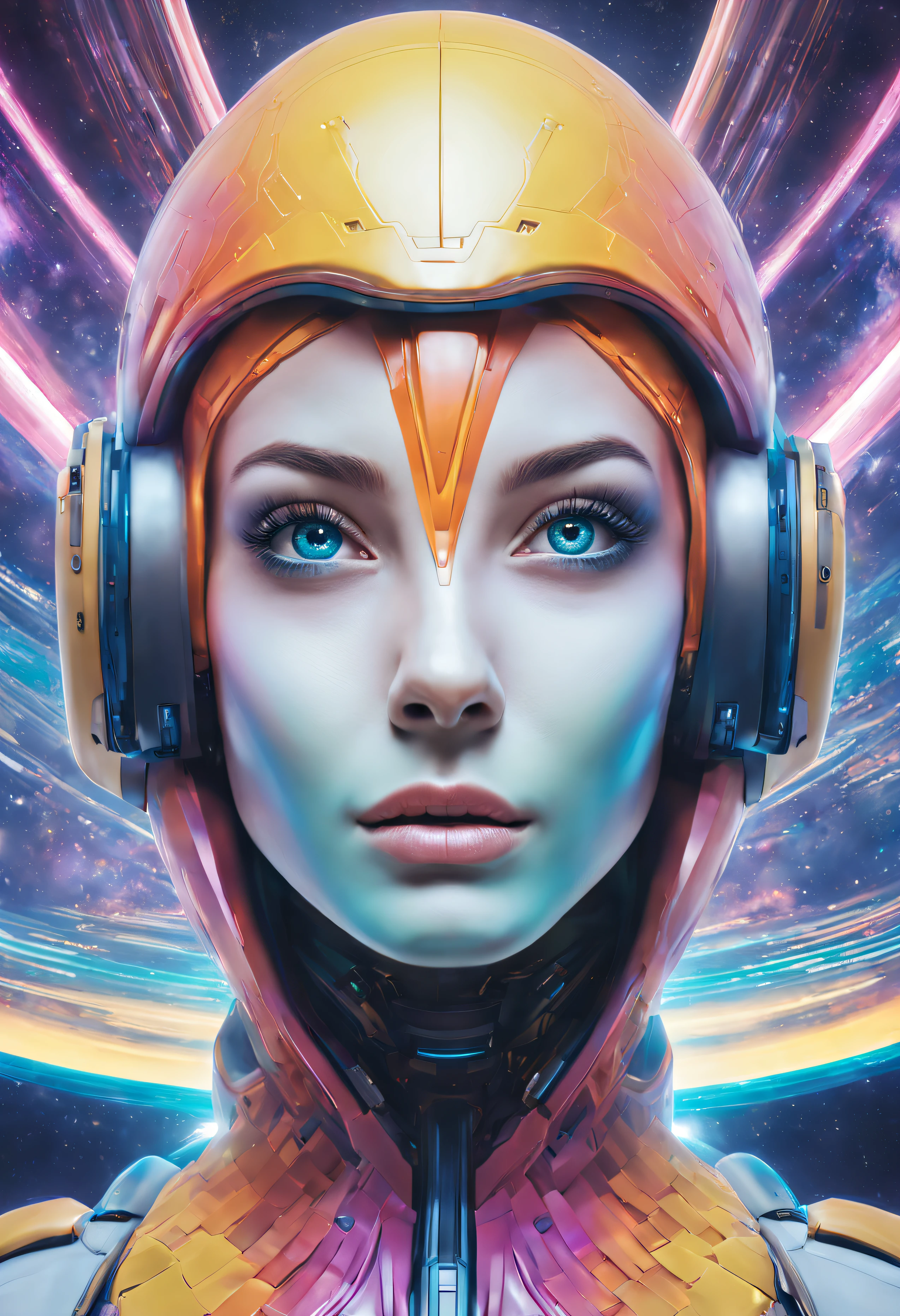 extraterrestrial alien female with a large oval head and big eyes, pleasant, with brightly colored super-technological suit, It is located in the spacecraft control center.