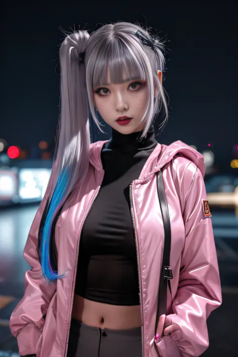 lucy \(cyberpunk\), 1girl,  hair scrunchie, hime cut, silver hair, colored tips, full moon, grey eyes, jacket, long sleeves, loo...