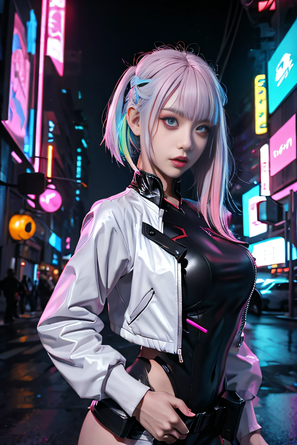 lucy \(cyberpunk\), 1girl,  hair scrunchie, hime cut, silver hair, colored tips, full moon, grey eyes, jacket, long sleeves, looking at viewer, medium hair, multicolored hair, parted bangs, parted lips, pink hair, portrait, red eyeliner, red lips, solo, white jacket, cyberpunk \(series\), rainy night in a cyberpunk city with glowing neon lights