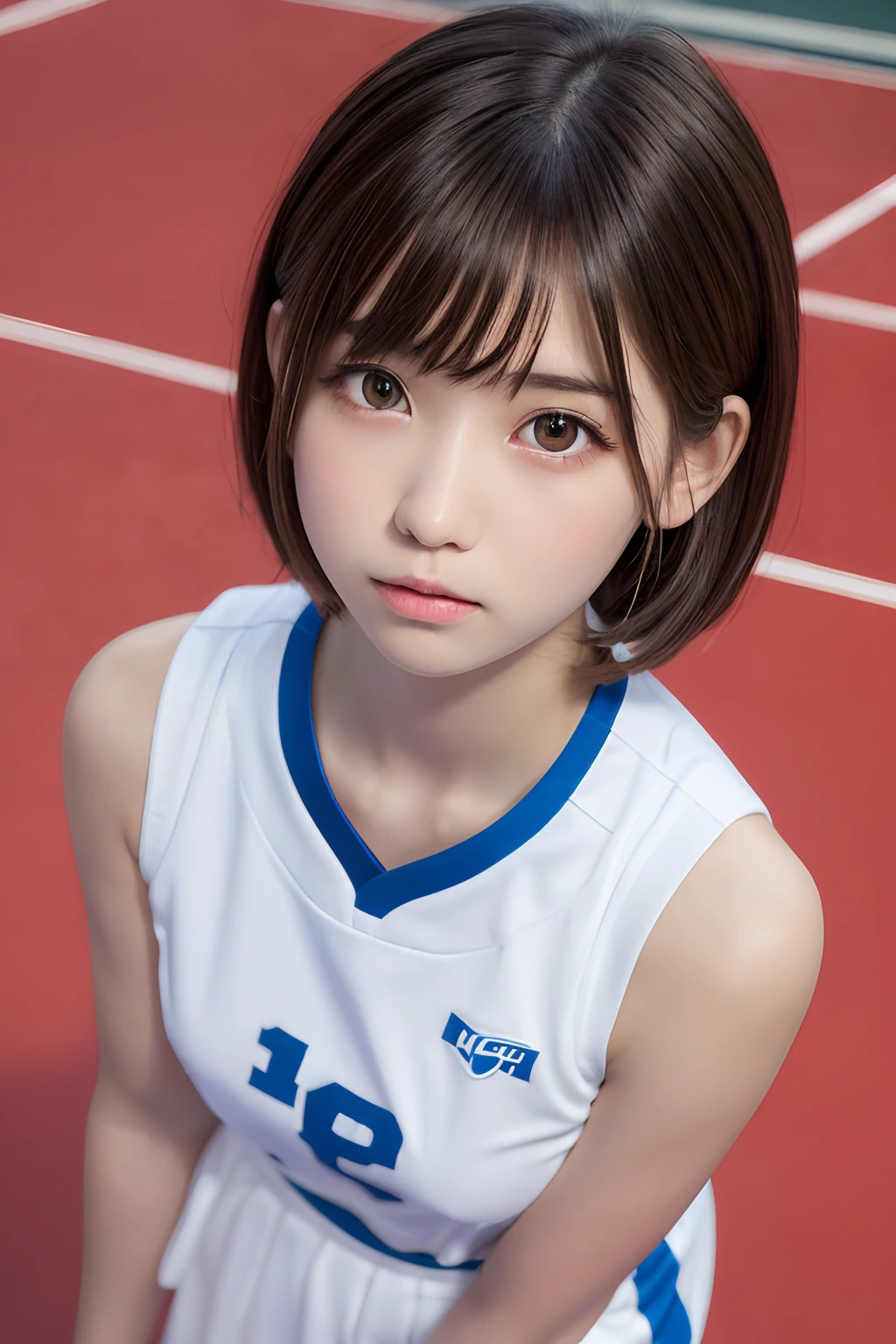 masutepiece, Best Quality, One girl, (a beauty Girl, kawaii:1.3), (15 years old:1.3), Very fine eye definition, (Symmetrical eyes:1.3), (basketball court), (white uniform:1.2), small breasts, Brown eyes, Parted bangs, Brown hair,  girl