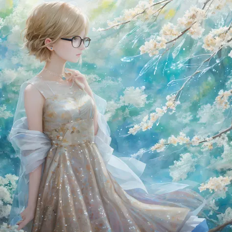a painting by mse a woman wearing glasses by agnes cecile, short hair, luminous design, pastel colours, ink drips, autumn lights