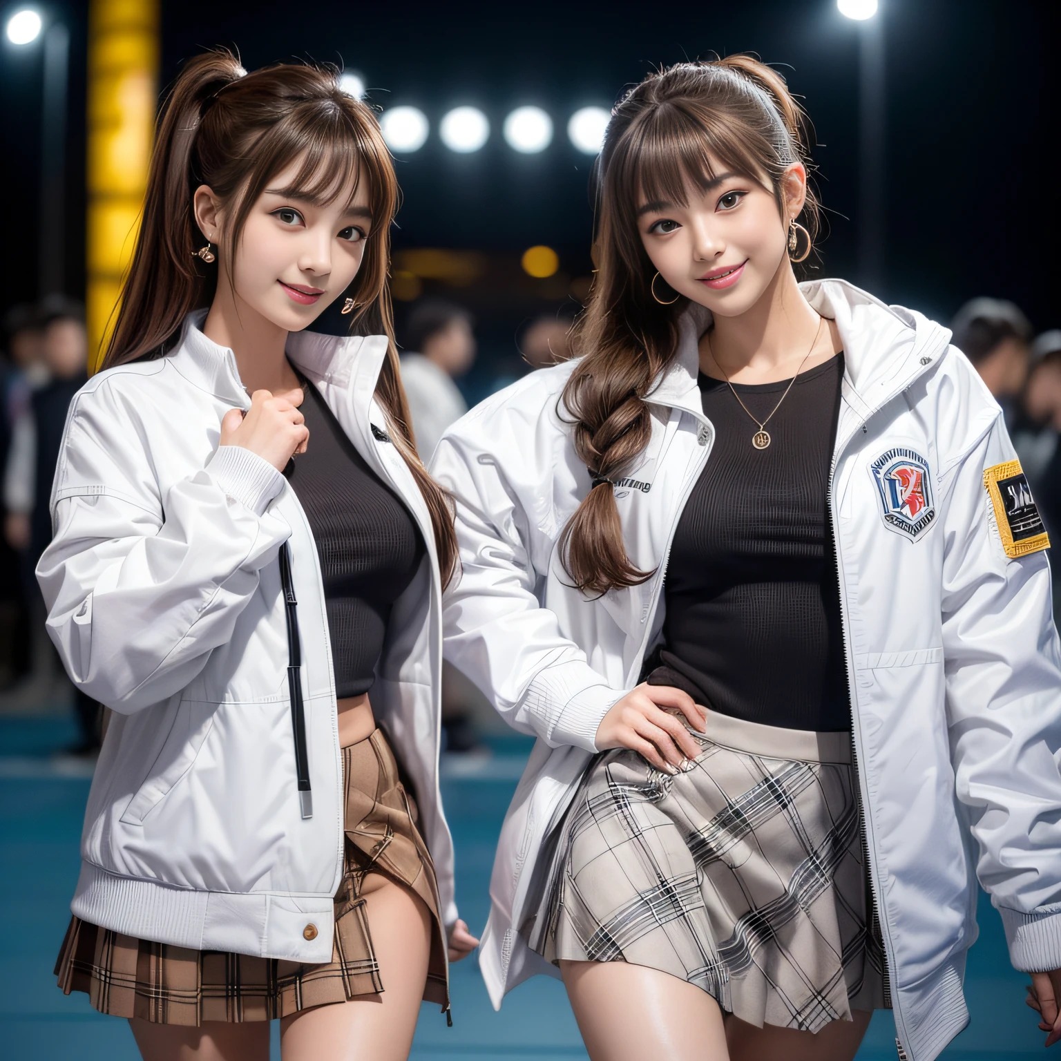 2 girls, 17 age, ((((Wearing a white jacket))))、((((Wearing a plaid skirt))))、Twintail hairstyle,Beautiful ,8K, masutepiece, Raw photo, Best Quality, Photorealistic, Highly detailed CG Unity 8k wallpaper, depth of fields, Cinematic Light, Lens Flare, Ray tracing, (Extremely beautiful face, Beautiful lips, Beautiful eyes), intricate detail face, ((Ultra detailed skin)) , In the Dark, deepshadow, Pretty Korean girl, Kpop Idol,  (Very slim and slender fit muscular body:1.3), ((Looking at Viewer)),(Big smile:1.3), (Midnight, a dark night, (Night Pool), (Blurred background), Dim light), (No people in the background:1.3), Beautiful earrings, Bracelets, Necklace, pantyhose, Clear eyes, Walking , Front shot, (pale skin), (Big eyes), Face forward, (Full body shot), (Brown hairs), open navel, (Looking at Viewer:1.3), Very slim, medium breasts, (Camel toe), thick thighs, turn back, exposed ass, upper Shot