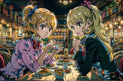 (2 Girls), Lucy Heartfilia and Yukari Takeba, Dining together, fancy restaurant, night time, High Quality, High Detail, Masterpi...