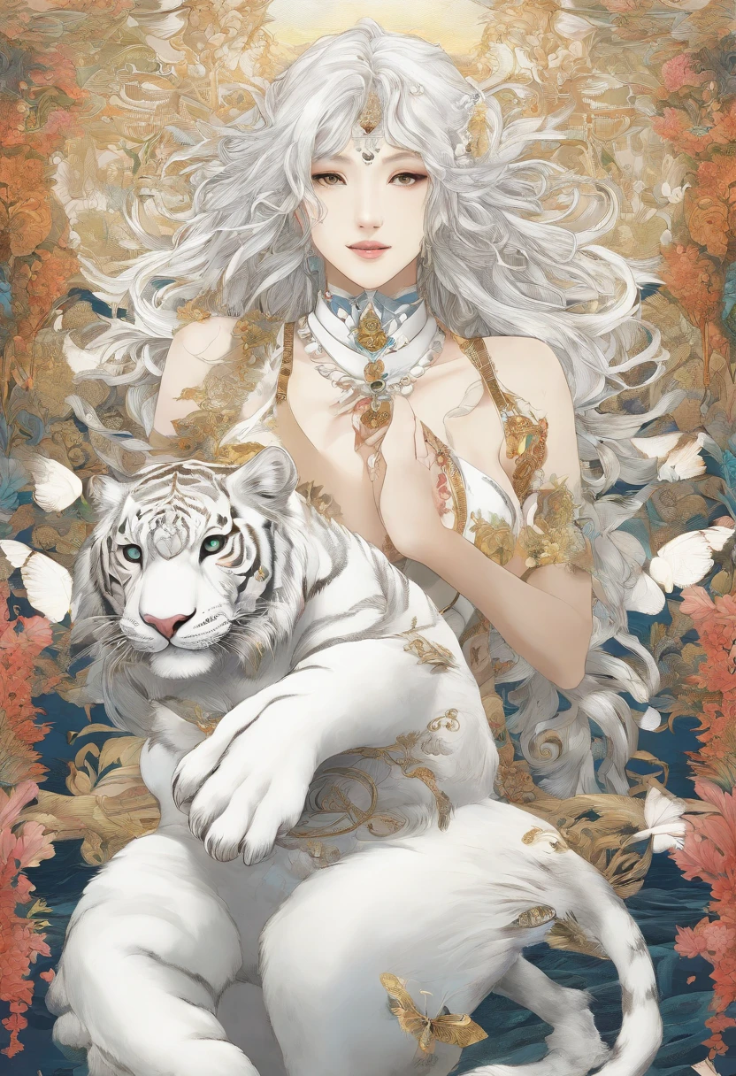 A painting of a woman with a white tiger in her lap - SeaArt AI