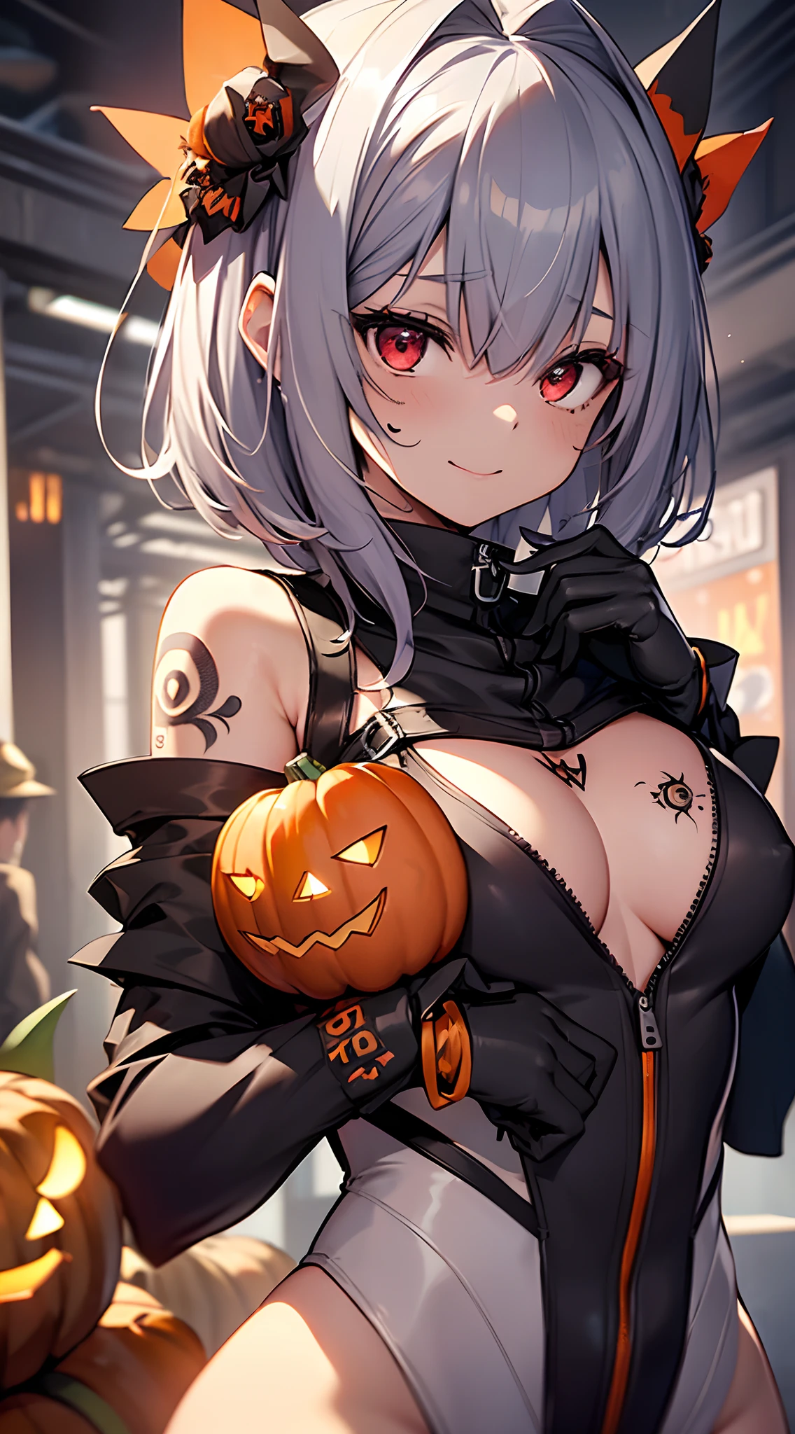 A close up of a woman in a costume holding a pumpkin - SeaArt AI