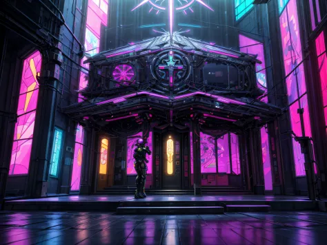 best detailed, ultra detailed, cyberpunk art, a picture of a futuristic church in cyberpunk punk city, (full building: 1.5), gre...