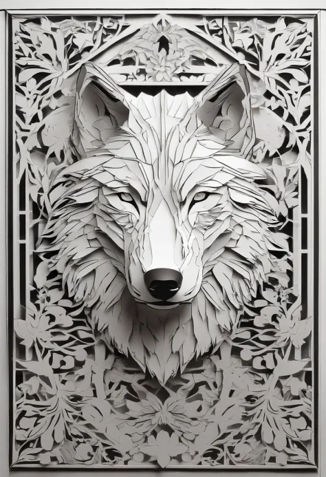 Wolf, style of Yoji Shinkawa, black and white, print, super detailed