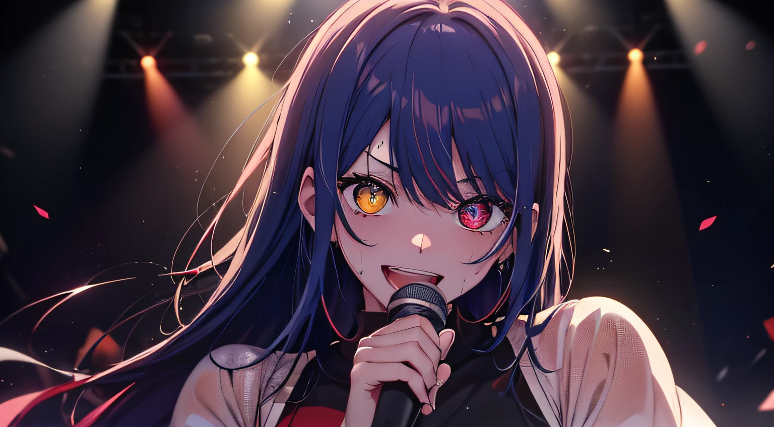 heterochromia、red eyes,yellow eyes、Idol singer singing with live music、Singing while sweating alone、Have fun with a smile、Hair color is blue hair、Proud Idol、slim figure、The background is the stage