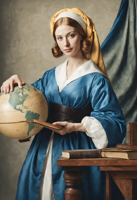 Beautiful female teacher who makes you read and listen to books,Vermeer-like painting style,globe