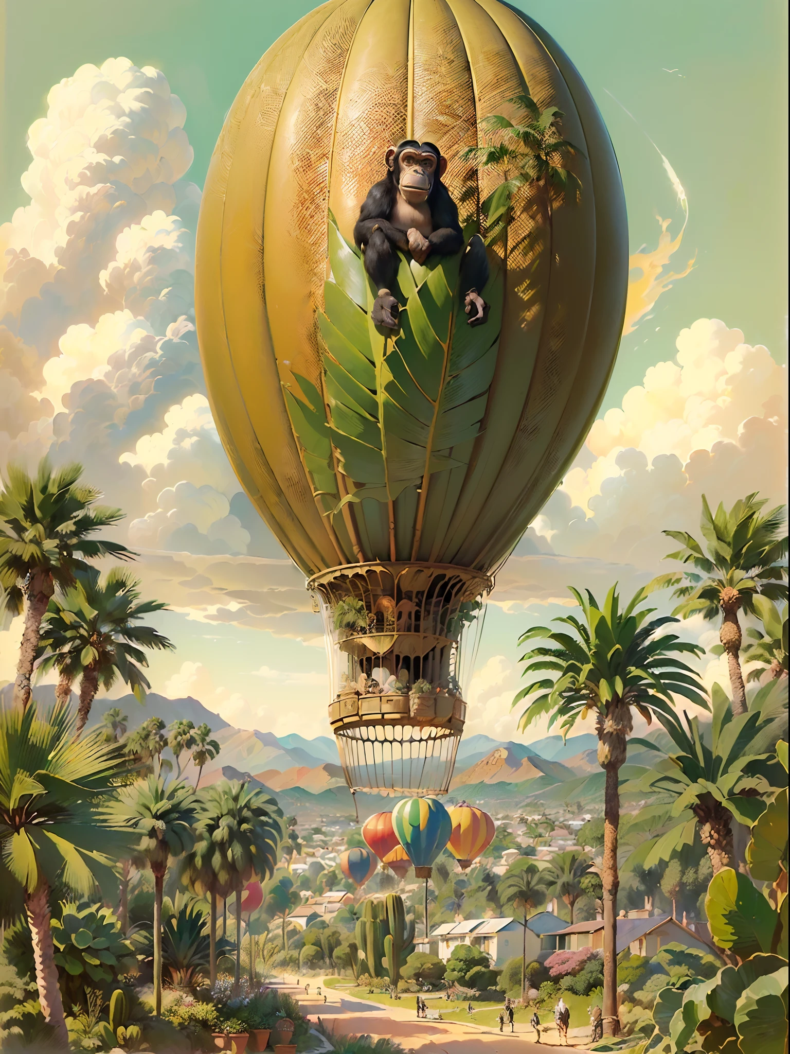 (((melhor qualidade)),, Uma ilustração com um dirigível em forma de banana voando sobre palmeiras Phoenix canariensis (((dirigível com cabeça de chimpanzé)),,,(((muitas palmeiras phoenix canariensis))) ,,, Balões de vapor quente, Céu com nuvens fofas,, ilustração de foco nítido, hiper-realismo, ilustração finamente detalhada, inspirado em Charles W. Bartlett, ilustração científica, campo de profundidade, cauda de fluxo longo, ilustração colorida, Adepto de Silvergill, gravura em litografia colorida, por Charles W.. Bartlett, uma ilustração hiper-realista de, Jules Julien, Tiago Collinson, por Tim Hildebrandt