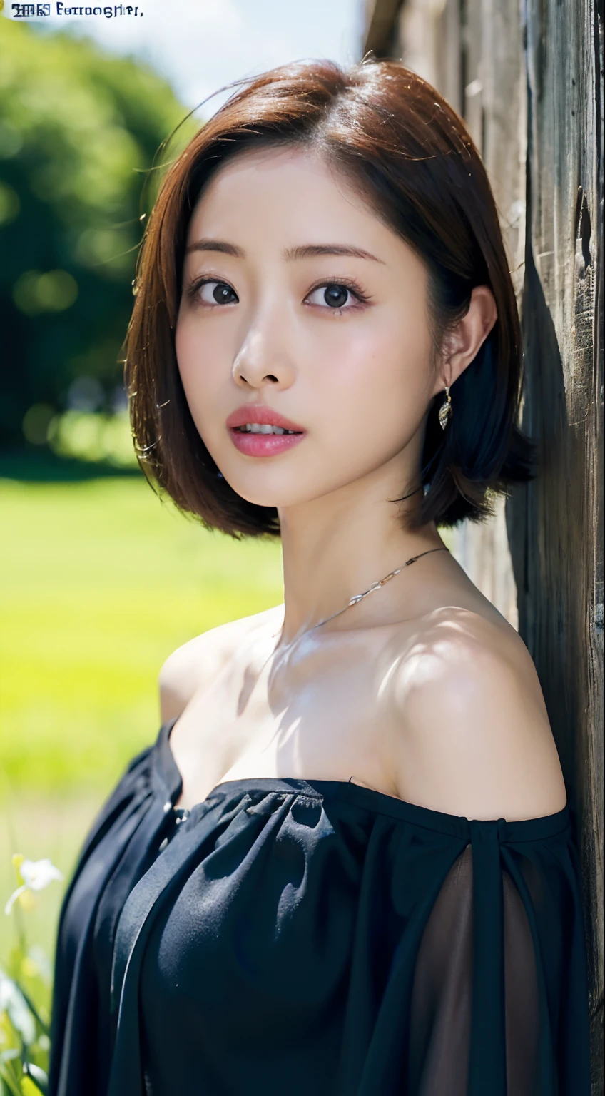 (((Off shot of Satomi Ishihara)))、(8K、Raw photography、top-quality、masuter piece:1.2)、ultra-detailliert、ultra res、(realisitic、rialistic photo:1.37)、portlate、high-definition RAW color photography、Professional Photography、highly detailed and beautiful、ighly detailed、8K Picture Wallpaper、amazing detailed、huge filesize、Official art、Highly detailed CG Unity 8K wallpapers、highly detailed beautiful girl、extra detailed face、extremely detailed eye、highlydetailed skin、extremely detailed fingers、highly detailed nose、very detailed detailed mouth、Perfect Anatomy、细致背景、Detailed clothing、女の子1人、(20:1.2)、Cute little girl s、(Satomi Ishihara)、Realistic body、小柄、(de pele branca)、glistning skin、Glamour body、A dark-haired、a short bob、(bluntbangs: 1.2)、kawaii faces、Realistic face、Delicate eyes、Sauce order、((FULL BODYSHOT))、((Wearing an off-the-shoulder black dress))、((Pulling shots full body Esbian))、(Wearing a necklace)、((Frontal shot))、Look at viewers、Contrapo、动态照明、((H Cup Bust:1.1))、Beautiful legs、Emphasize cleavage、 (Satomi Ishihara's panty shot)、In the cosmos field、(((Big lips that sparkle)))