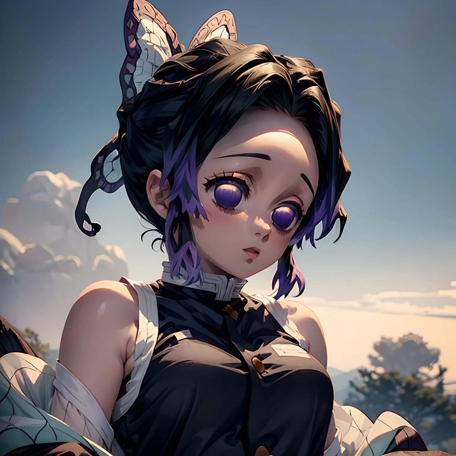 Shinobu kocho from demon slayer in 8k, high definition anime image, ultra detailed, cute, very cute, blushing, in black sleevless top, medium breast, masterpiece , 8k, sleeveless top, torn clothes, without cape, black top, sleeveless torn,ultra high quality