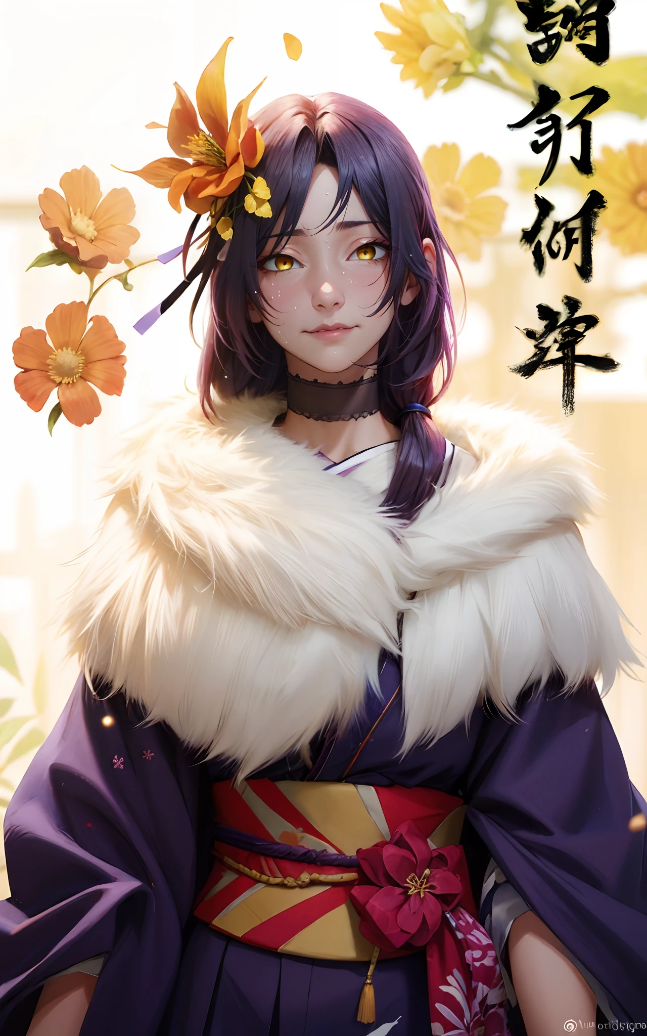 (black hair, long hair:1.7), yellow eyes, forehead, 1girl, japanese_clothes, kimono, hair_ornament, flower, solo, sash, hair_flower, obi, choker, looking_at_viewer, new_year, floral_print, fur_collar, lipstick, fur, makeup, fur_trim, glow effects, godrays, Hand drawn, render, 8k, octane render, cinema 4d, blender, dark, atmospheric 4k ultra detailed, cinematic, Sharp focus, big depth of field, Masterpiece, colors, 3d octane render, 4k, concept art, trending on artstation, hyperrealistic, Vivid colors, extremely detailed CG unity 8k wallpaper, trending on CGSociety, Intricate, High Detail, dramatic