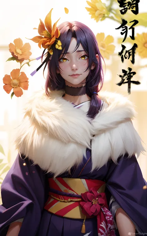 (black hair, long hair:1.7), yellow eyes, forehead, 1girl, japanese_clothes, kimono, hair_ornament, flower, solo, sash, hair_flo...