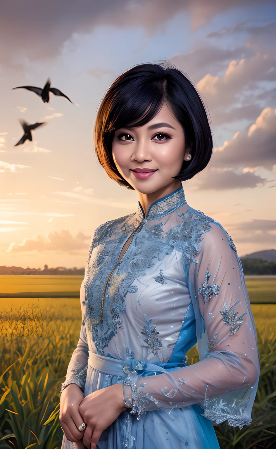 Masterpiece:1.2, high quality, best quality, high resolution, detailed, hyper realistic, 1 malay girl, wear blue baju kebaya, bright short white hair, Shaggy Bob Haircut with Bangs, brown eyes, head tilt, sunset, birds flying, paddy field with few village, Portrait, smile, showing teeth,  (detailed face), ((sharp focus)), ((face)), upper body, mid shot portrait,