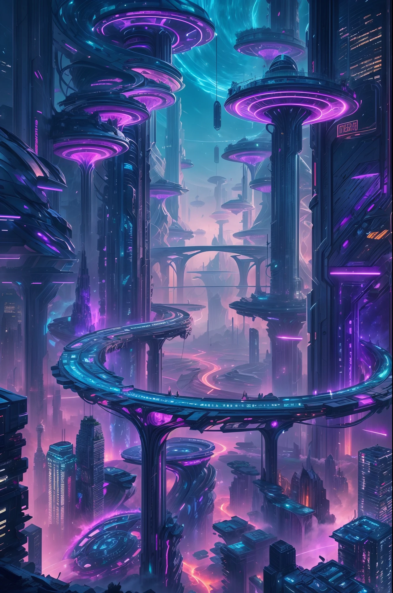 一個超凡脫俗的城市的形象, a 未來派 city, 一根巨大的高科技柱子刺穿天空, 柱體上有無數的機械粗體和長樹枝, detailed 未來派 houses on each branch, 廣角, ultra 廣角, 捕捉所有獨特的城市, 柱子和樹枝上閃爍著紫色和藍色的光芒, 每個分支都透過高科技橋樑連接在一起, 未來派, 夜間, 發光的夜晚, 分支連接在一起形成一個圍繞大柱子的圓形結構,