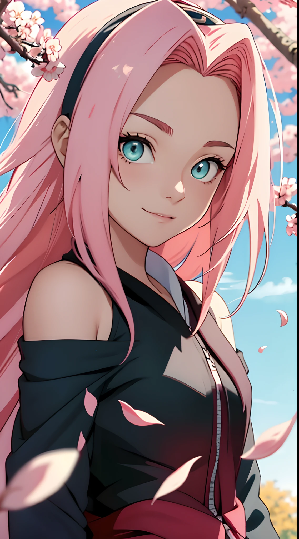tmasterpiece， Best quality at best， 1girll， Sakura Haruno， Large breasts，Off-the-shoulder attire，（close-up all over the body)，Raised sexy，is shy，ssmile，with pink hair， long whitr hair， （Green eyeballs:1.4)， Forehead protection， the cherry trees，Cherry blossoms flying，ninja clothes，In front of blue sky with soft cream cone, Splash art anime , Anime moe art style, a beautiful anime portrait, beautiful anime art style, Digital anime art!!