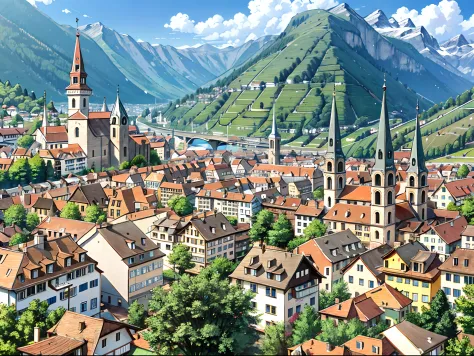 Swiss city with people touring