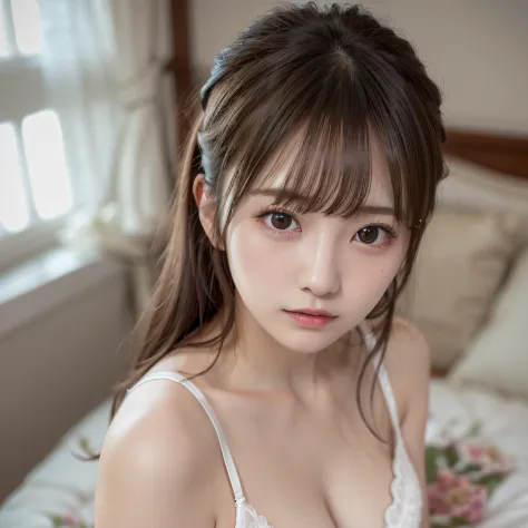 Close up portrait of woman lying on bed in white bra、Japan person model、Breast small、Young sensual gravure idol、Young cute gravure idol、Realistic young gravure idol、Realistic sensual gravure idol、Young gravure idols、sophisticated gravure idol、Young skinny ...