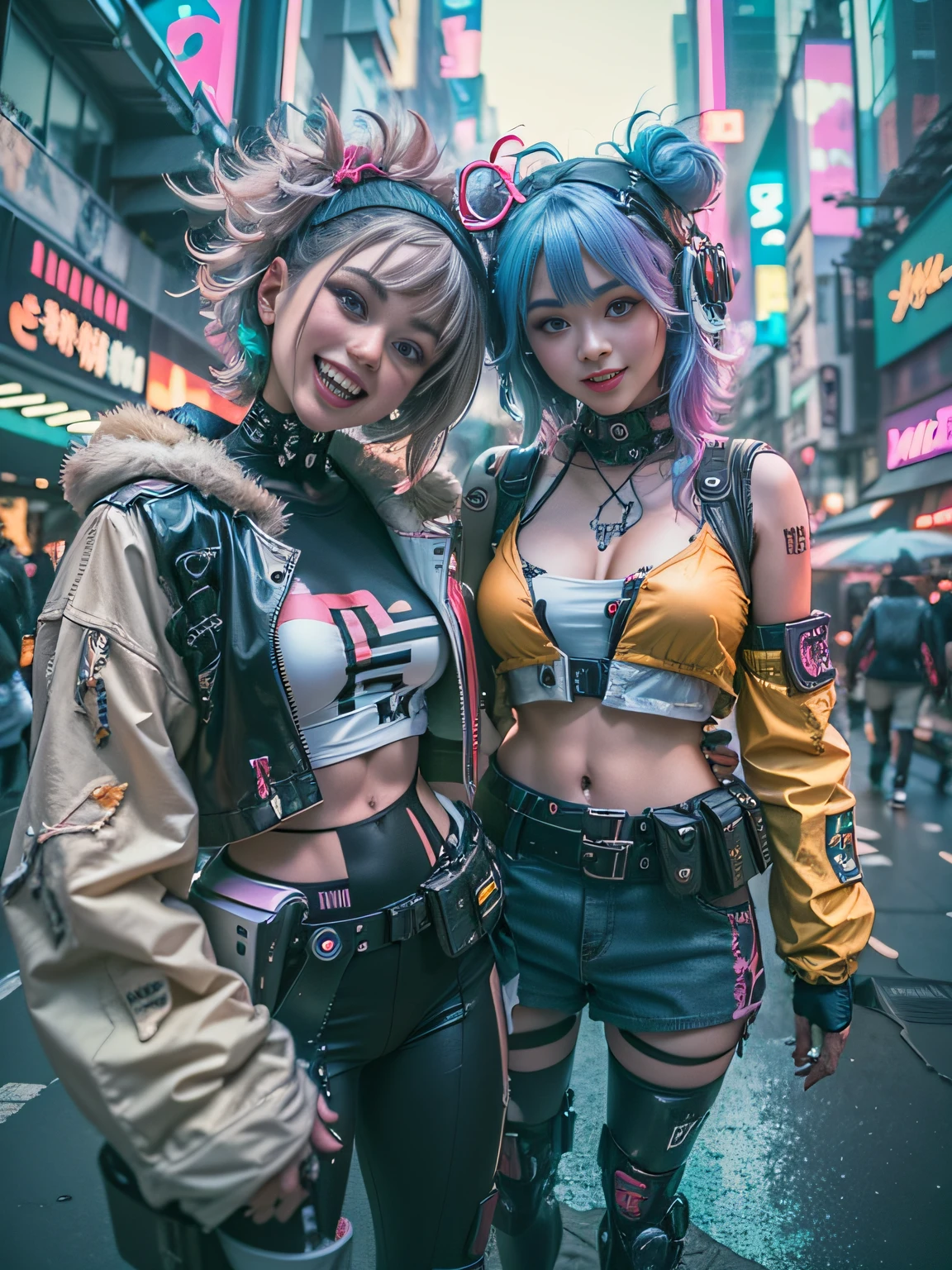 ((2 cyberpunk girls wearing Harajuku Tech costumes), (fisheyelens), self-shot, Cowboy shot, Wind, Messy hair, cyberpunk city landscape, (Aesthetics and atmosphere:1.2),Smiling, Laughing