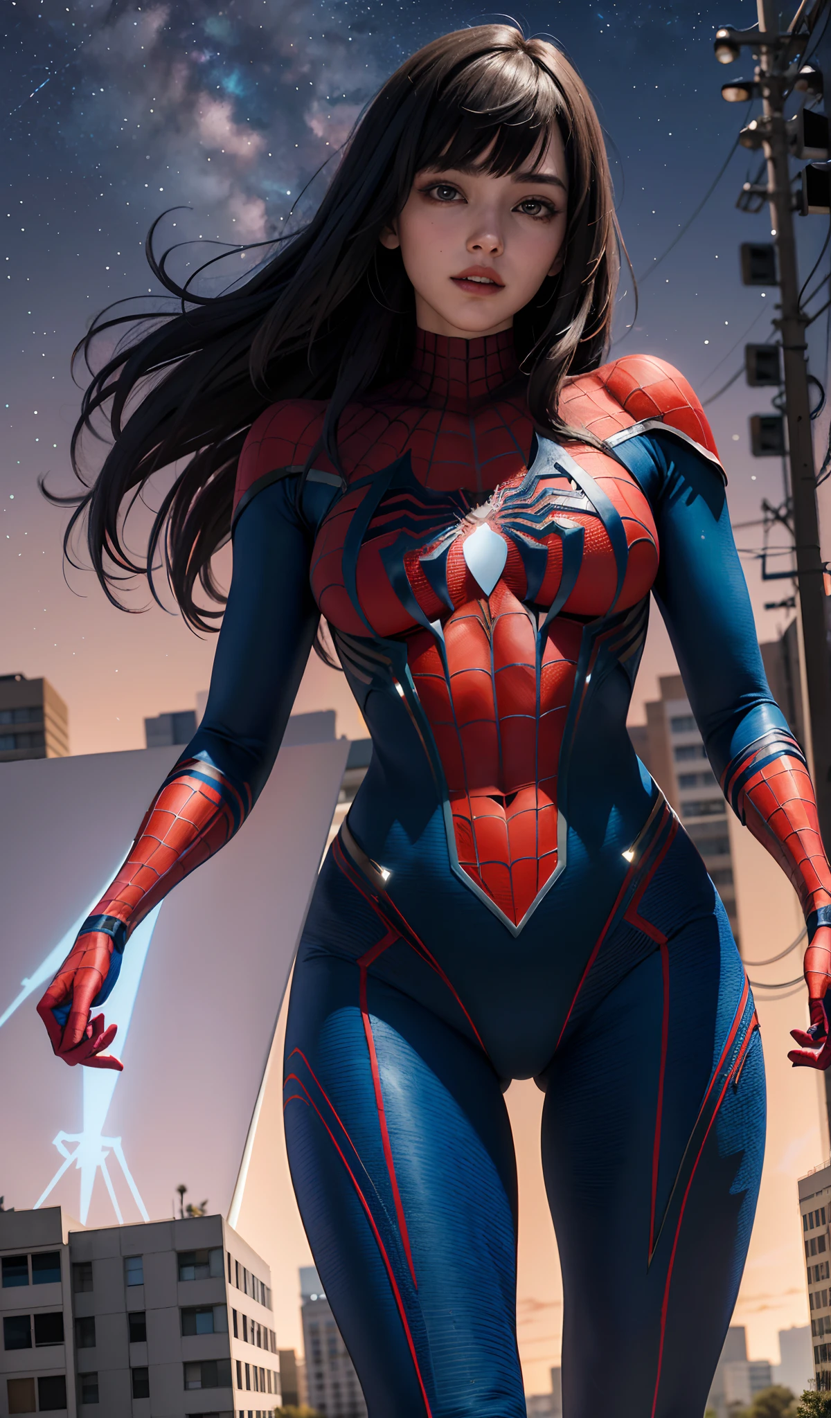 A woman in a spider - man suit standing in front of a city - SeaArt AI