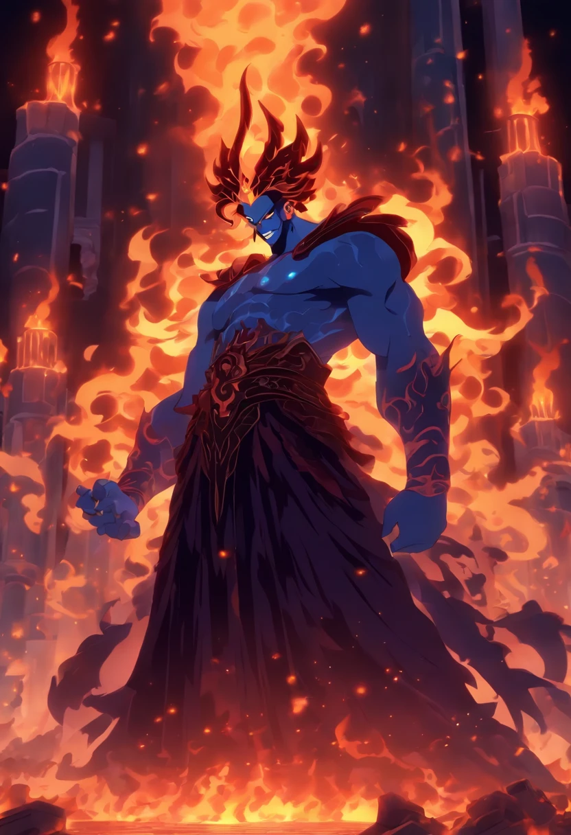 A man in a blue costume standing in front of a fire - SeaArt AI