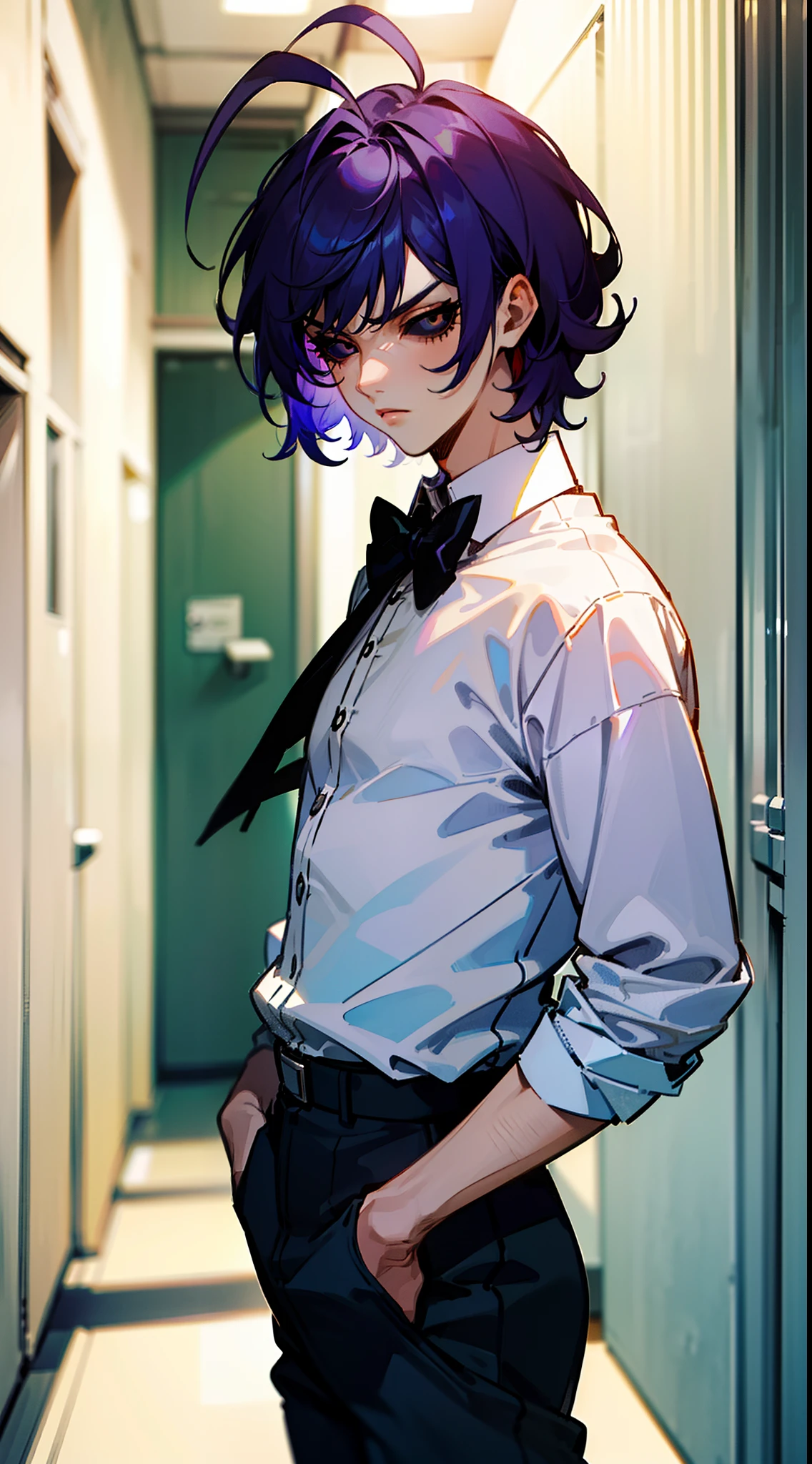 (Original Character,8k, Masterpiece, Best Quality,Detailed, Beautiful Detailed Eyes, solo),1boy,male face, white shirt,black pants,solo,medium hair,black tie,(((hair 2antenna))),black eyes,purple hair,black sclera,(standing in a school hallway,),serious,cowboy shot