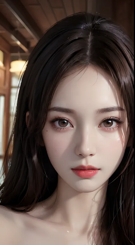 ((Best quality, 8k, Masterpiece :1.3)), A pretty woman with perfect figure :1.4, Slender abs :1.3, ((Dark brown hair, Big breasts :1.2)), Highly detailed face and skin texture, Detailed eyes, Double eyelid