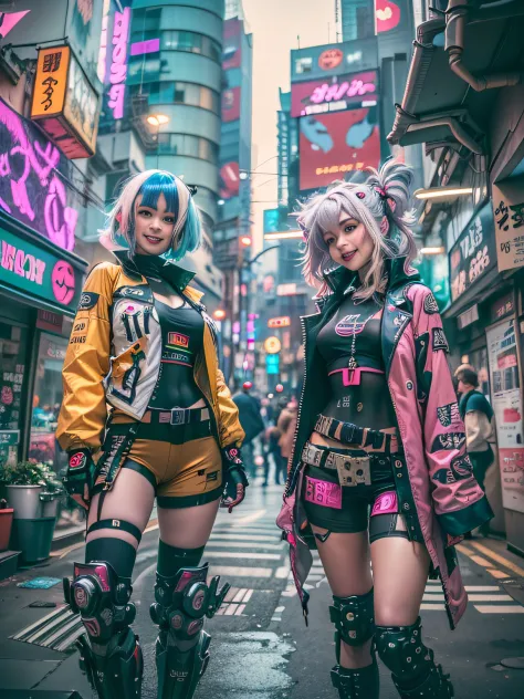 ((2 cyberpunk girls wearing Harajuku Tech costumes), (fisheyelens), self-shot, Cowboy shot, Wind, Messy hair, cyberpunk city lan...