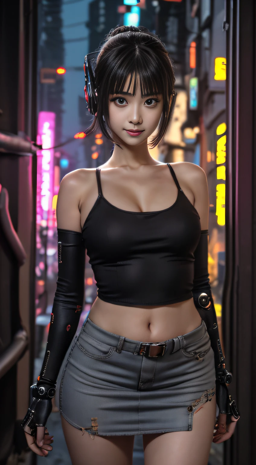 unreal-engine:1.4,hyper HD,Best quality:1.4, Fotorrealista:1.4, Skin texture:1.4, tmasterpiece:1.8, 1 Cyberpunk Girl, brunette color hair, glowy skin, 1 orange mechanical girl, (Super realistic details)), full bodyesbian, global ilumination, Contrast, Umbroso, rendering by octane, ultrasharp, exposed neckline, raw skin,Orange miniskirt, metal,Intricate yellow decorative details, Japan Details, High level of detail, realistic raytraicing, Trends in CG, in front of camera, neon light detail, Mechanical limbs, blood vessels attached to the tube, Mechanical vertebrae attached to the back, mechanical cervical attachment to the neck, wires and cables connecting to head, gundam, Small LED lamps.14 Years Old Girl、silber hair、Perfectly rounded pupils、Huge irisﾃﾞｨﾃｰﾙ, light  smile,(Cyberpunk:1.3)