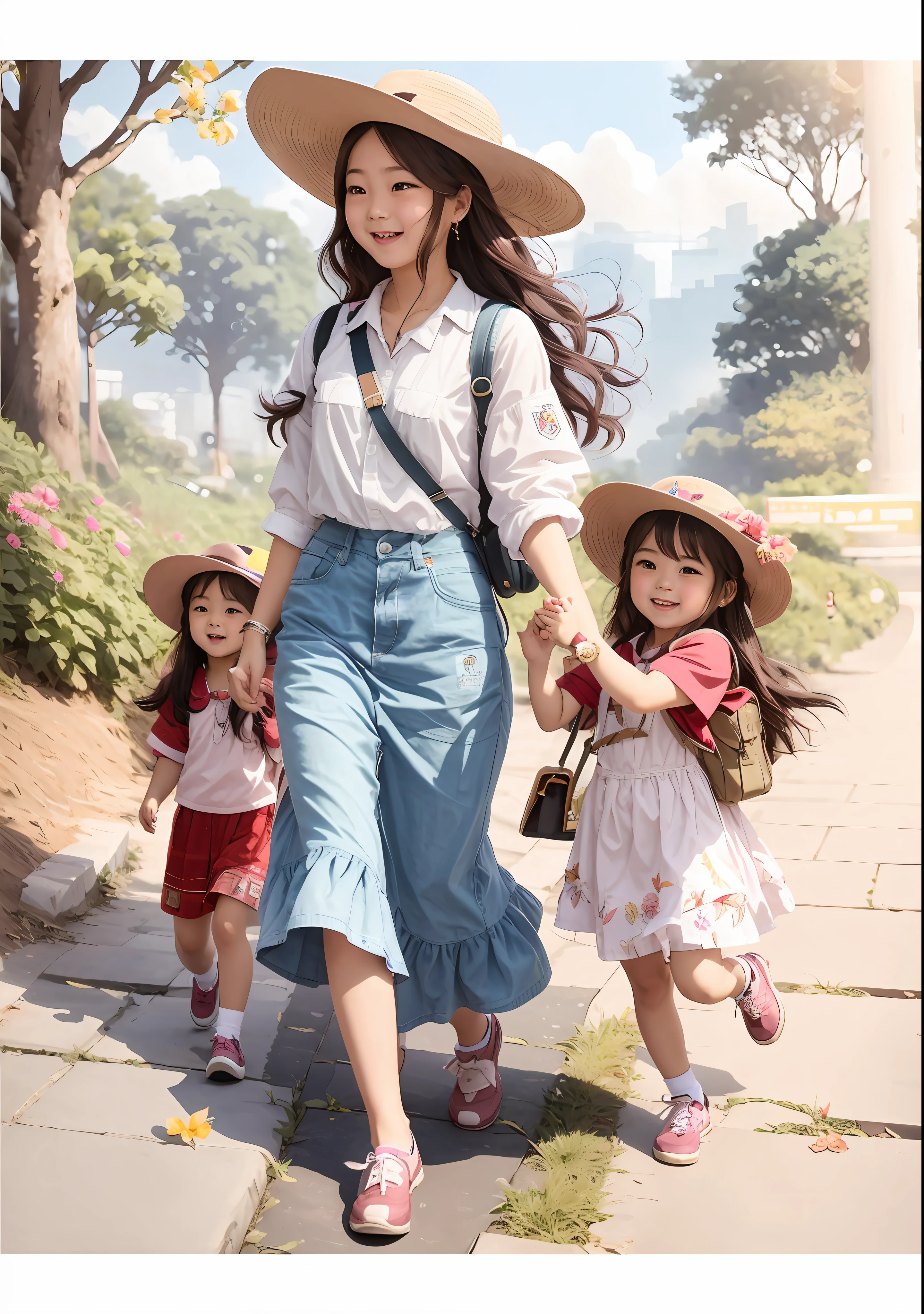 There are two little girls and a woman walking down the street, perfect robot girl family, popular in cgstation, 8 H, Zmonzheng, 2D CG, Guvez style artwork, 85 mm, 85 mm, 8 5 mm, Yang J, happy family, Gu Viz, 9 0 mm, 90 mm beautiful, park, big tree, happy laugh