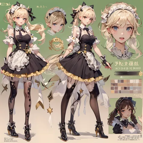 ((Masterpiece, Highest Quality)), 3 up, Detailed face, character design sheet， full bodyesbian, It's full of detail., multiple poses and expressions, highly detaild, deeply, A lot of it，Beautiful maid，Armed with bows and arrows，Gold，Double ponytail，Fantasy...