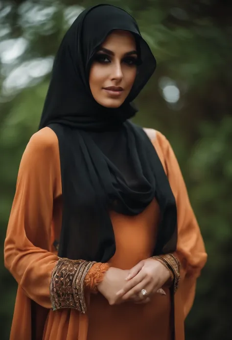 A woman wearing a black hijab and gold jewelry - SeaArt AI