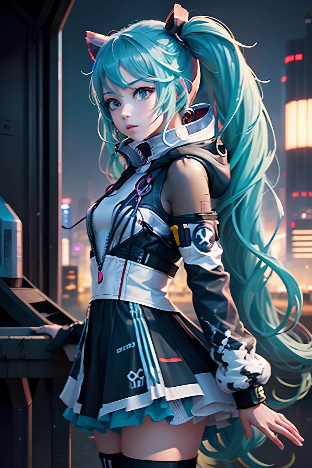 Chica anime con traje futurista parada frente al horizonte de la ciudad, arte cyberpunk inspirado en Marek Okon, Ganador del concurso pixiv, neofigurativo, chica anime del futuro, Cyberpunk Chica Anime Mecha, En Cyber City, chica con armadura cibernética mecha, anime robótico mezclado con orgánico, arte digital del anime cyberpunk, heroína androide, traje cibernético, arte cg anime suave, Miku Hatsune,