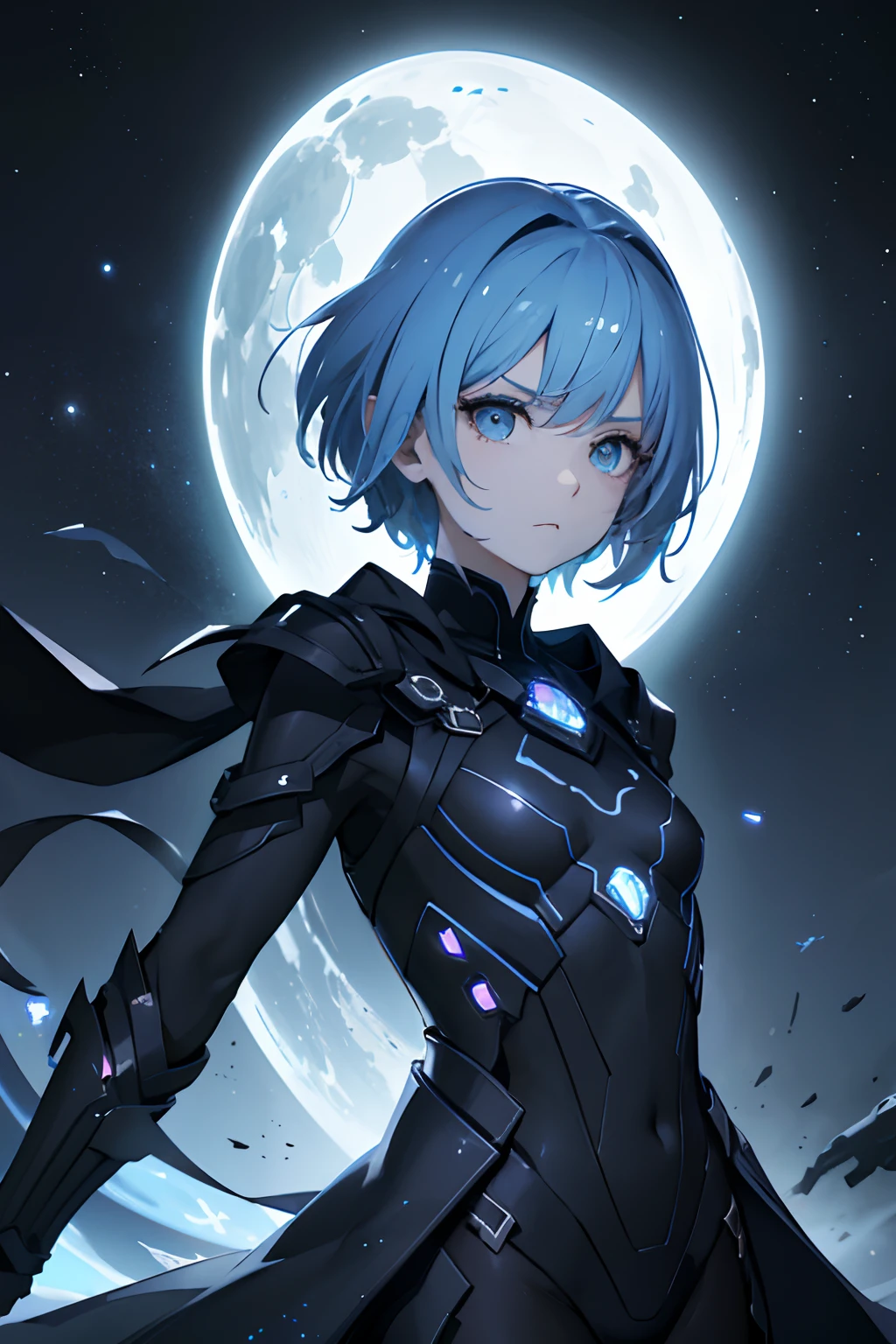 (masterpiece), A  girl, a short hair with (sky-blue hair), and two big eyes, flat chest, (a comical pair of big ears), (blue tail), (best quality,highres:1.2),ultra-detailed,(realistic:1.37),(sci-fi),(dark, moody lighting),(cosmic colors), intense gaze,glowing body,enigmatic presence,cosmic background,cosmic dust and particles,intense expression, silent and mysterious figure,dark silhouette,futuristic style,distant stars and galaxies, (dark overcoat),sharp features,intimidating aura,incandescent sun-like glow,cosmic being with immense power,distant planets and asteroids.