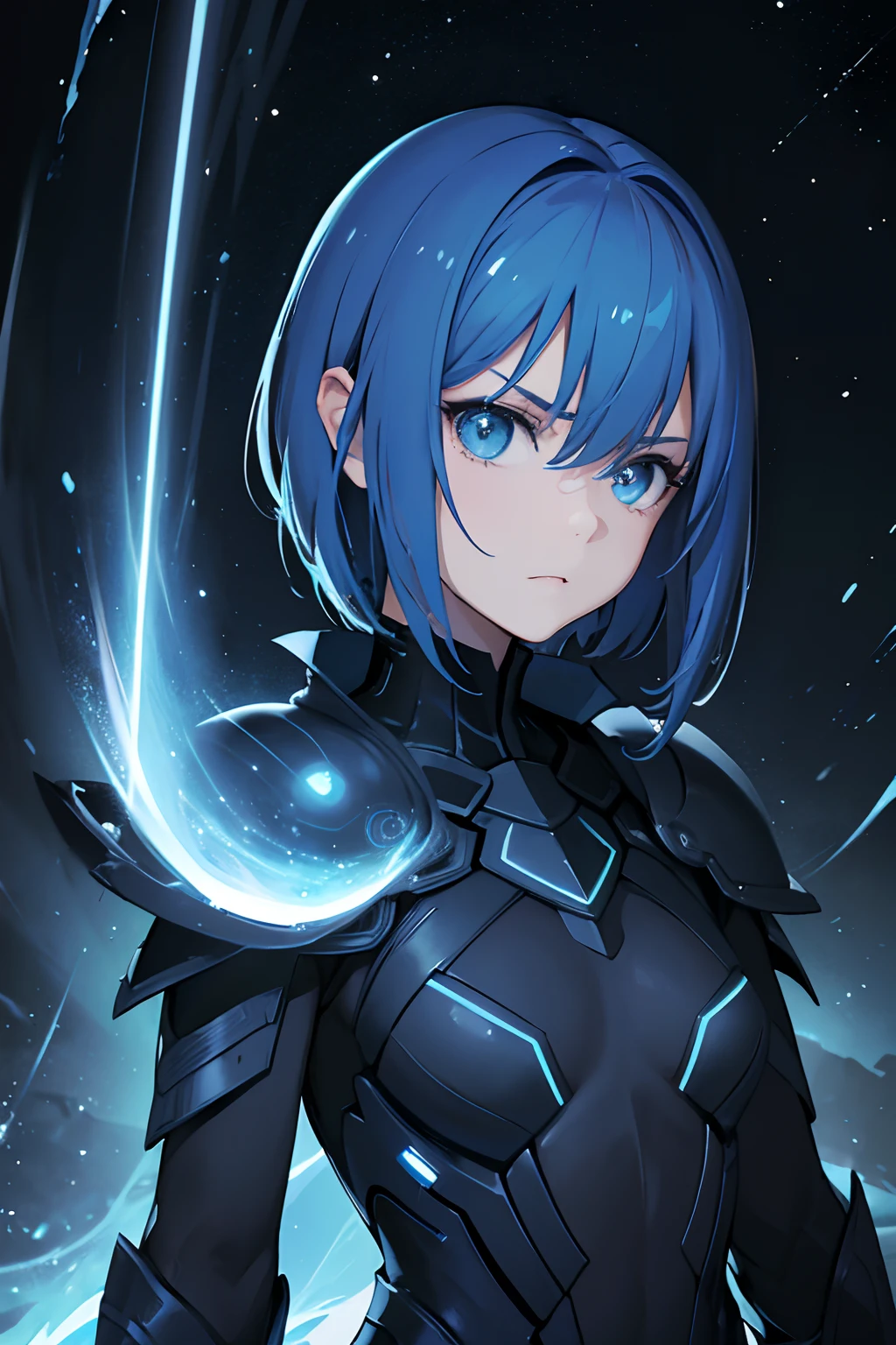 (masterpiece), A  girl, a short hair with (sky-blue hair), and two big eyes, flat chest, (big-eared), (blue tail:1.5), (best quality,highres:1.2),ultra-detailed,(realistic:1.37),(sci-fi),(dark, moody lighting),(cosmic colors), intense gaze,glowing body,enigmatic presence,cosmic background,cosmic dust and particles,intense expression, silent and mysterious figure,dark silhouette,futuristic style,distant stars and galaxies, (dark overcoat),sharp features,intimidating aura,incandescent sun-like glow,cosmic being with immense power,distant planets and asteroids.