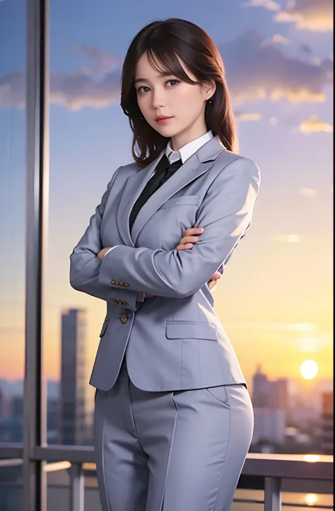 1girl,solo, parted lips,  office lady, business suit ,
skyline, cloud,sunset, arms behind head, looking at viewer,