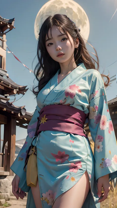 Girl01 anime wearing patern yukata((8k, master piece, hdr, ultra detaile, 9:16 HDR)), at sakura field under the big yellow full ...