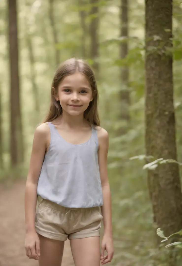 Young girl 8 years old, Anorexia A Walk in the Woods, beatiful face, Smile, narrow flat body, very thin, tall shorts and top, ribs and abs are visible, very thin legs