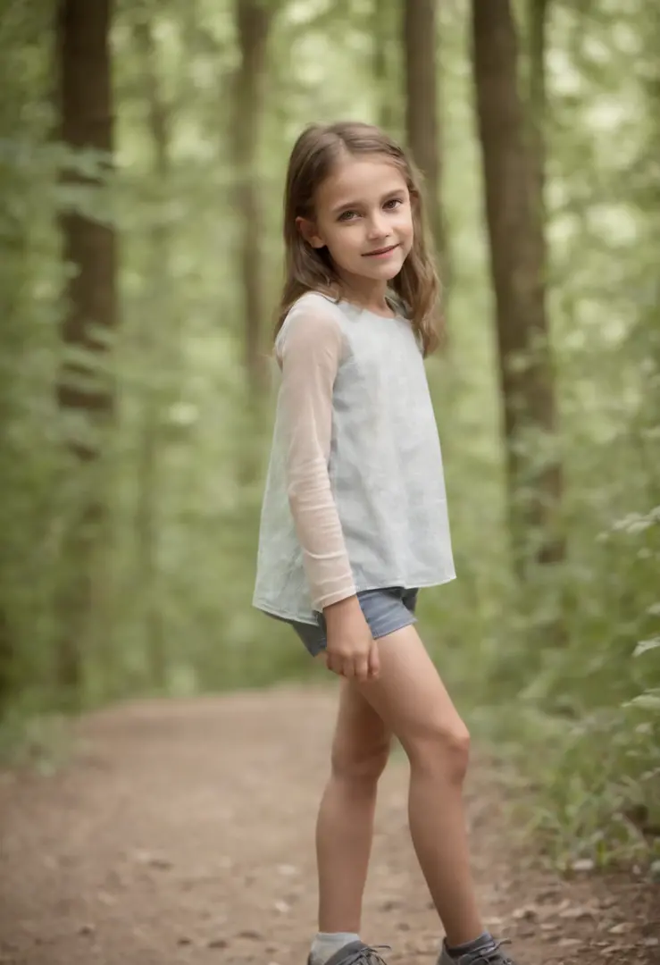 Young girl 8 years old, Anorexia A Walk in the Woods, beatiful face, Smile, narrow flat body, very thin, tall shorts and top, ribs and abs are visible, very thin legs