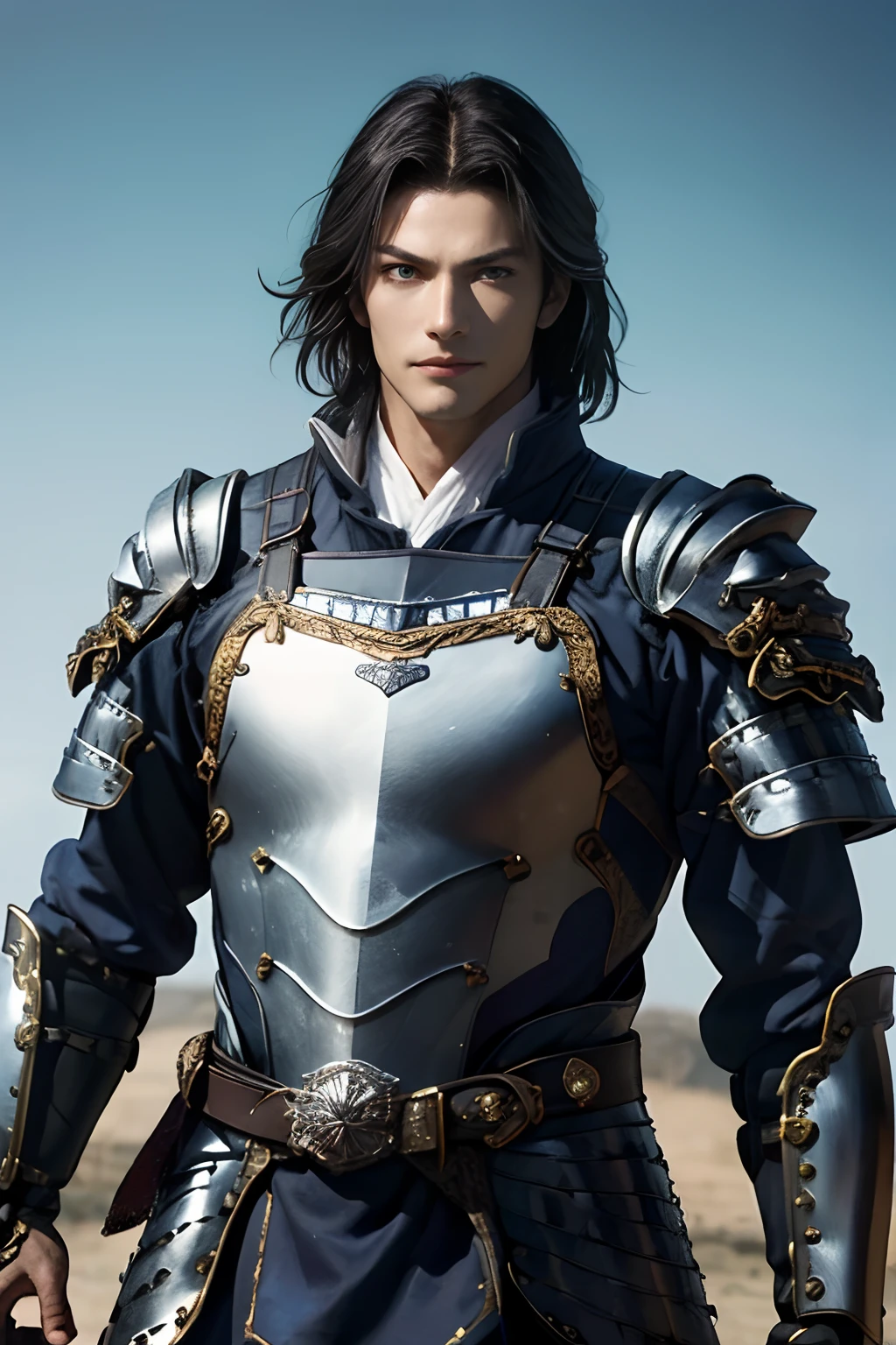 (absurderes、hight resolution、ultra-detailliert)、1 male human、Beautiful Boys:1.2、a handsome:1.5、tall muscular man、broad shouldenely eye、nobles、Dark hair、blue eyess、three kingdom、(Luxurious Metal Silver Armor:1.3)、Thick man in law、Dandy Handsome Man、trick、cowboy  shot、Refreshing prince、Western armor、The protagonist:1.3、、mournful smile