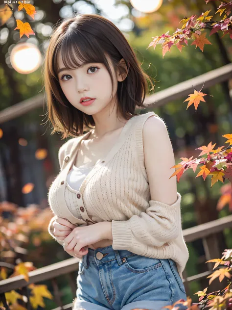 RAW image quality、8K分辨率、Ultra-high-definition CG images、Autumn leaves at night🍁、Moonlight、17 year old beautiful woman、Detailed b...